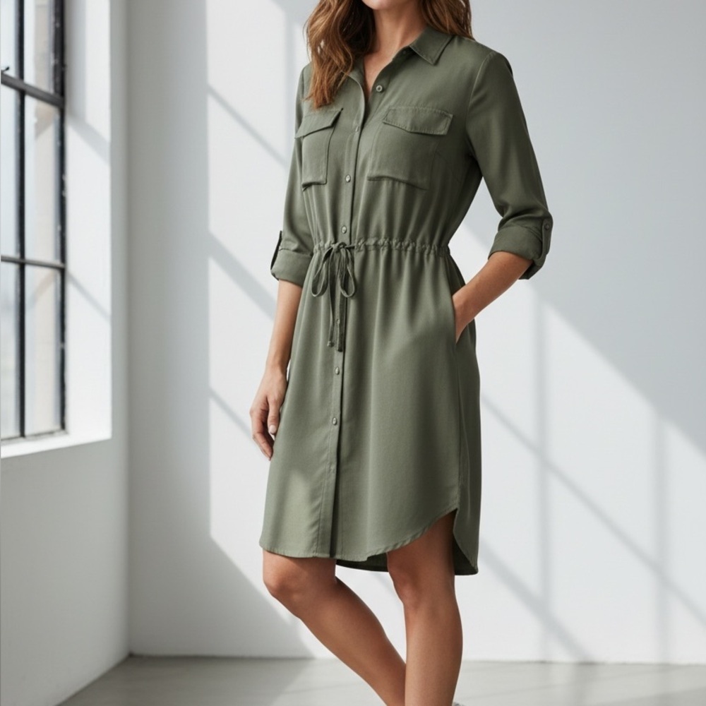Max Jeans Womens‎ Olive Green Shirtdress Long Sleeve Tencel Small